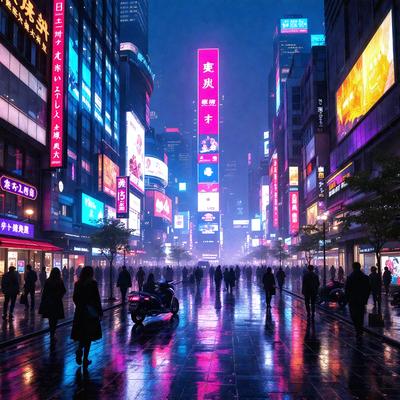 The primary subject of the image is a busy city street at night, with a large crowd of people walking down the sidewalk. The setting is a bustling urban environment, with tall buildings and neon lights illuminating the scene. The visual style is a combination of photo and digital art, creating a vibrant and lively atmosphere. The colors and mood are predominantly purple and pink, giving the scene a unique and captivating ambiance.
